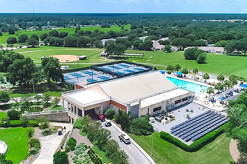 Aerial view of the amenities at On Top of the World in Ocala, Florida.