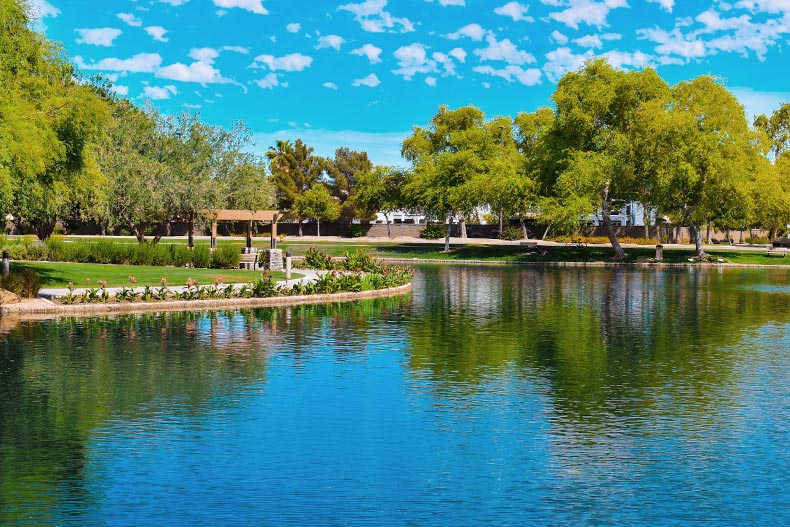 A beautiful pond and scenery at Power Ranch in Gilbert, Arizona.