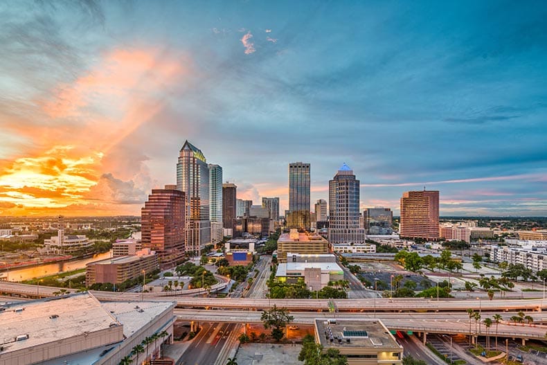 The downtown Tampa, Florida skyline at dusk.