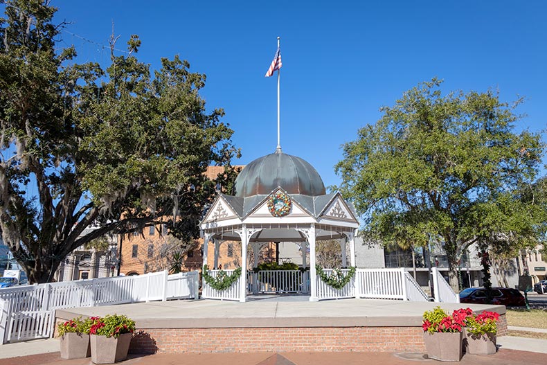 The gazebo in the historical downtown square in Ocala, Florida on a sunny day.