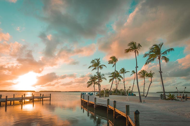 Palm trees beside a dock in the Florida Keys at sunset.