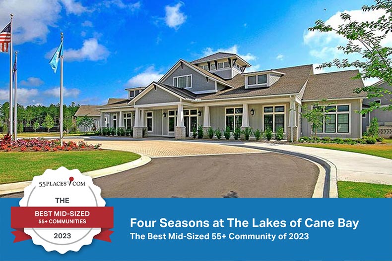 An award banner over the main entrance to Four Seasons at The Lakes of Cane Bay in Summerville, South Carolina.