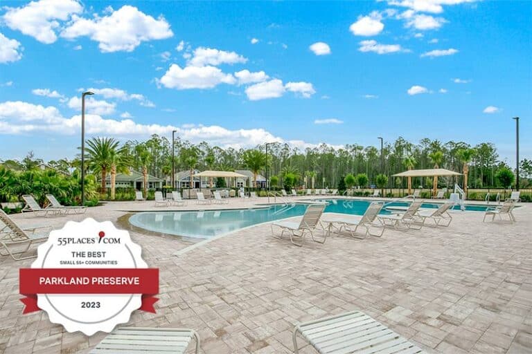 The outdoor pool at Parkland Preserve in St. Augustine, Florida with an award badge.