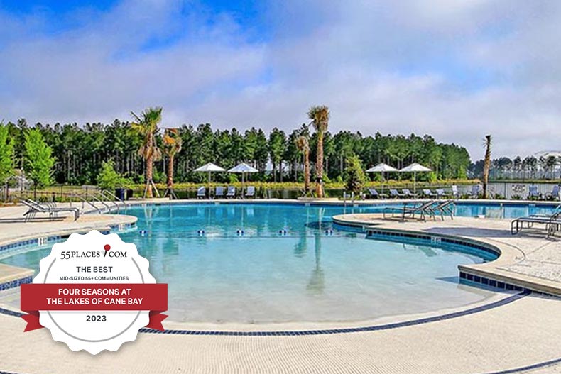 An award badge over the outdoor pool at Four Seasons at The Lakes of Cane Bay in Summerville, South Carolina.