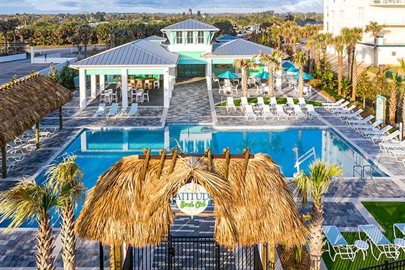 Aerial view of the beach club at Latitude Margaritaville in Daytona Beach, Florida.