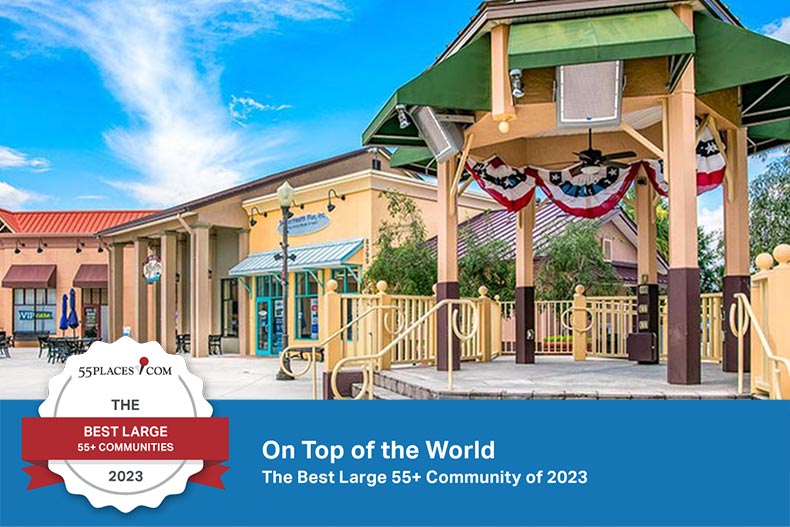 Award banner over a gazebo in the town square at On Top of the World in Ocala, Florida.