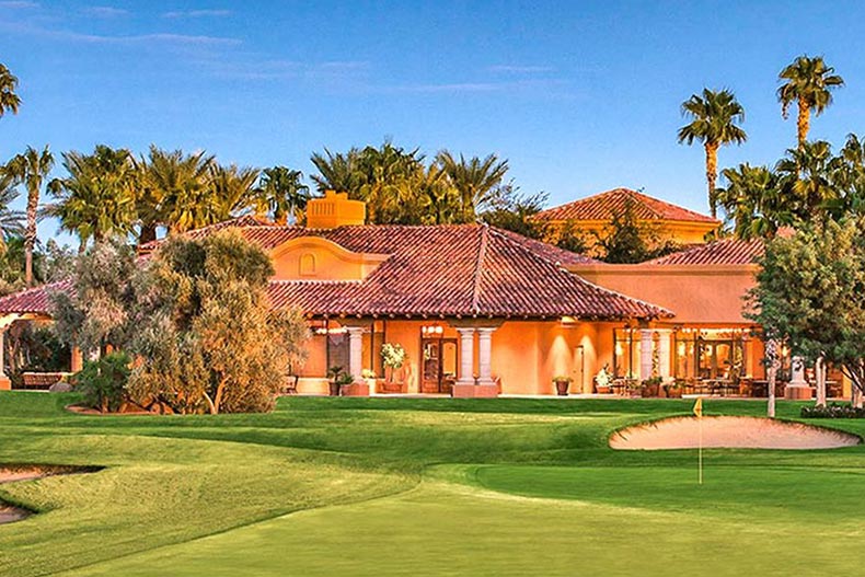 The clubhouse and golf course on the grounds of PebbleCreek in Goodyear, Arizona.