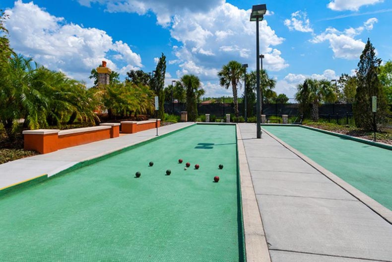 The outdoor bocce ball courts at Solivita in Kissimmee, Florida on a sunny day.