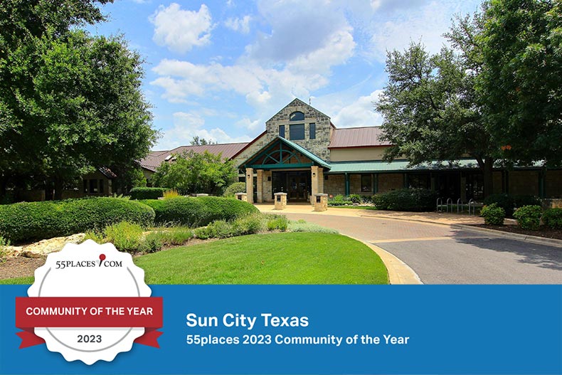 "Community of the Year" banner over the entrance to Sun City Texas in Georgetown, Texas.