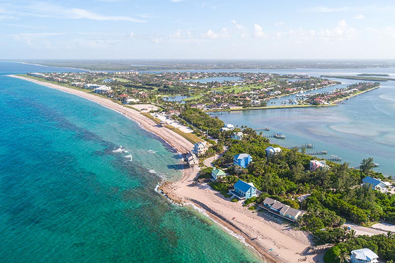 Aerial view of Bathtub Reef Beach in Stuart, Florida.