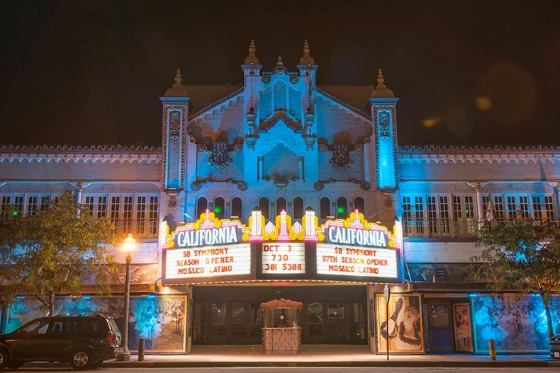 Exterior view of the California Theatre of the Performing Arts in San Bernardino, California.