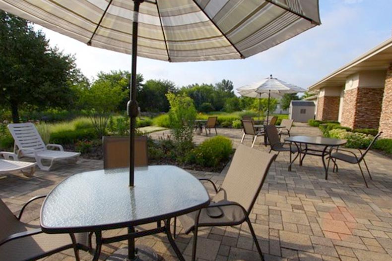 Tables and chairs on the outdoor patio at Carillon North in Grayslake near the Illinois-Wisconsin border.