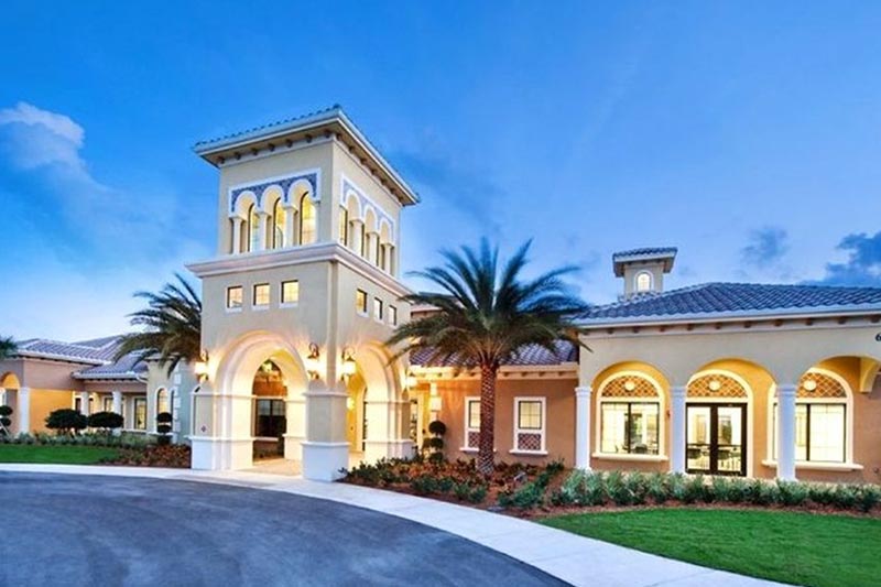 Aerial view of the outdoor pool at Indian River Colony Club, one of many 'stay and play' retirement communities in Florida.