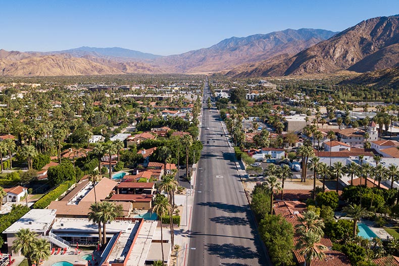 Aerial view of Downtown Palm Springs, a city offering more natural landscape than Las Vegas.