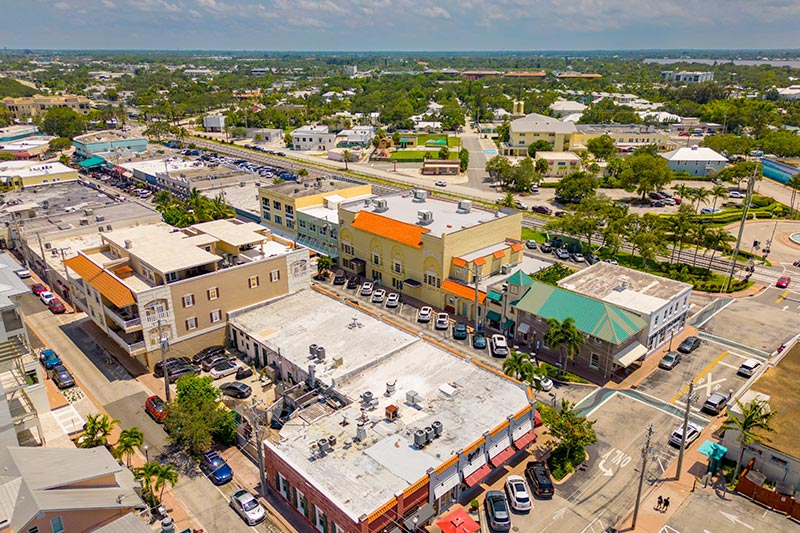 Aerial view of the shops of Downtown Stuart in Florida.