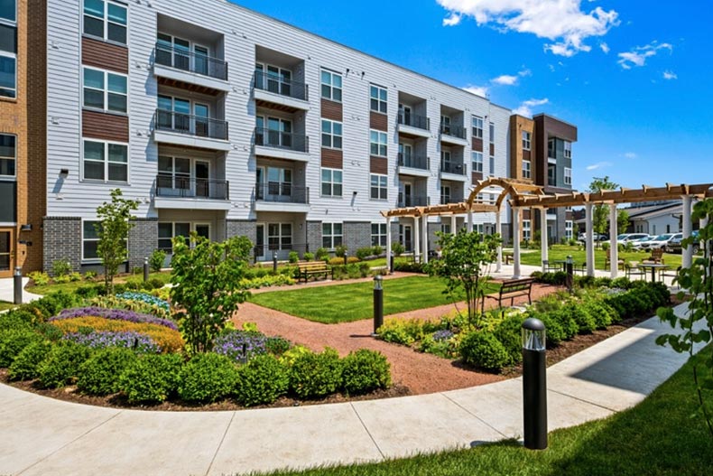 The courtyard greenspace at Everleigh Vernon Hills in Vernon Hills, Illinois, a pet friendly community.