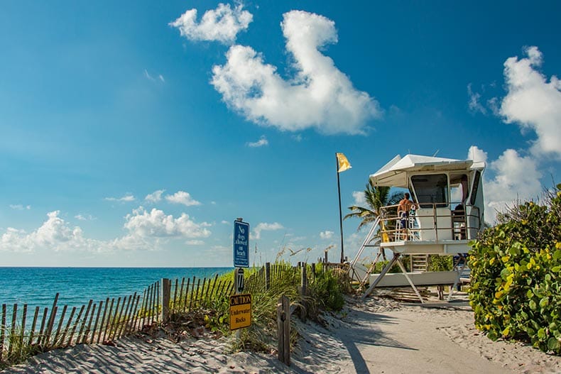 A lifeguard tower overlooking a beach in Hobe Sound, Florida.