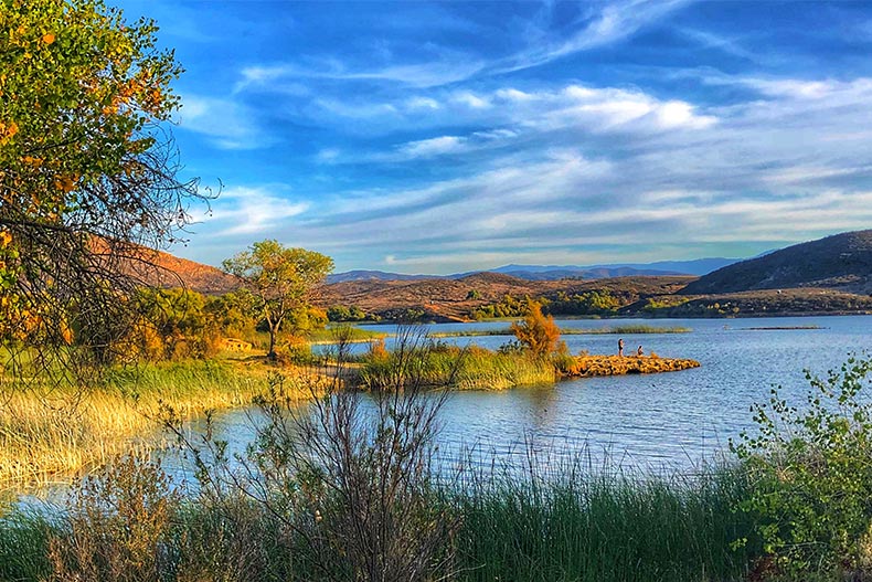 A peaceful lakeside in Southern California's Inland Empire region.