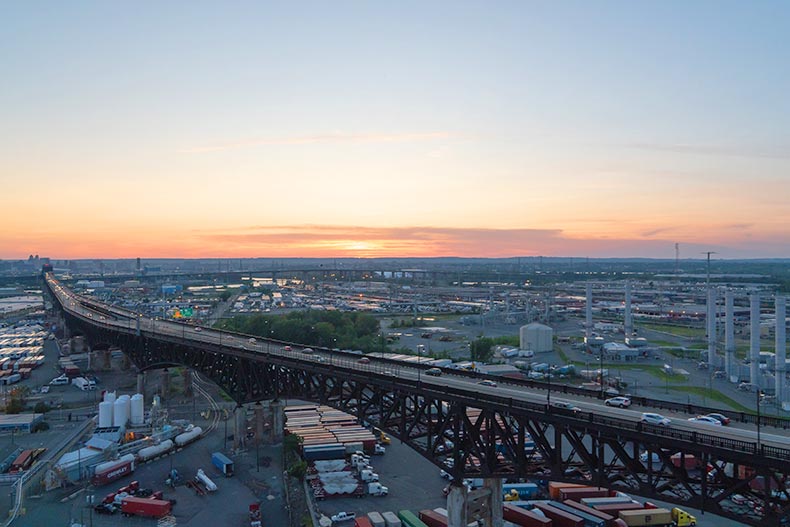 Aerial view of the Pulaski Skyway (US Route 1/9) at sunset.