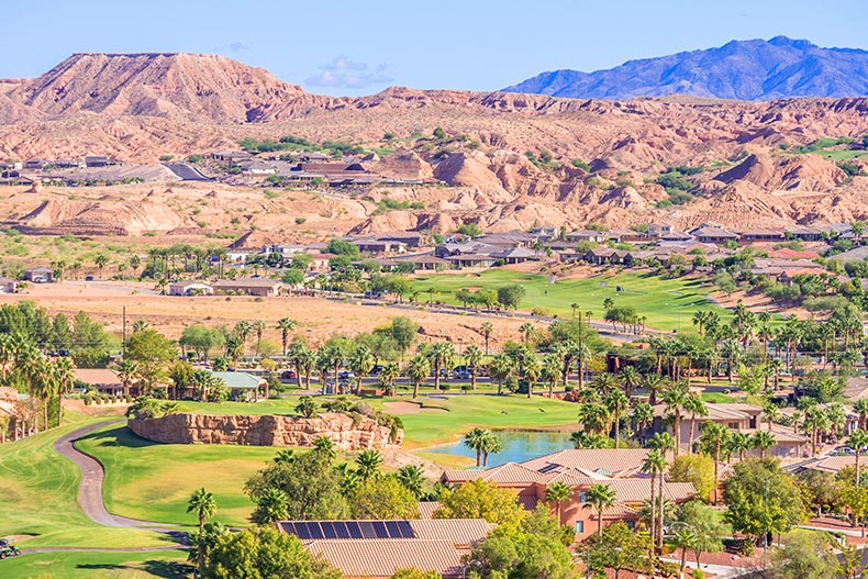 A valley and mountains in Mesquite, Nevada, one of many desert retirement locations.