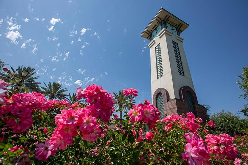 Daytime view of the Civic Center's public clock tower in Ontario, California.