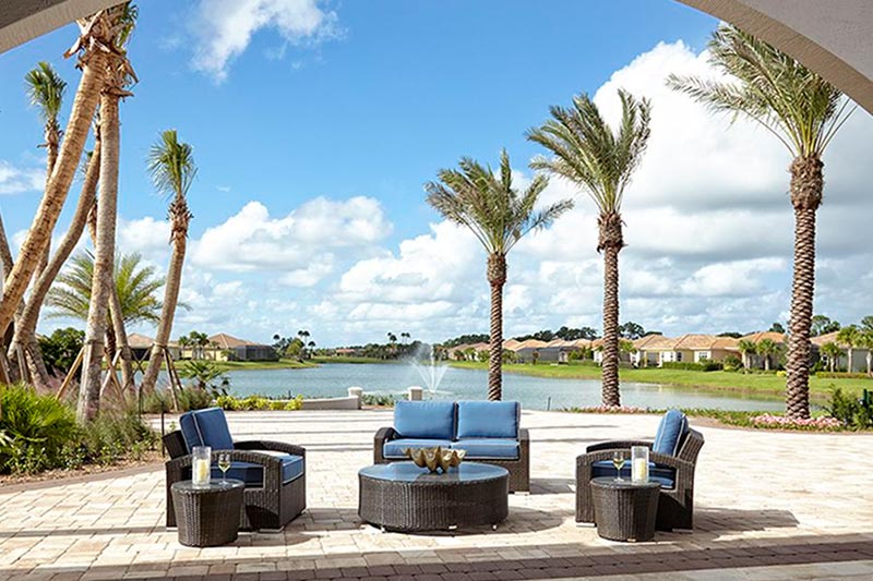 An outdoor patio on the grounds of PGA Village Verano in Port St. Lucie, Florida.