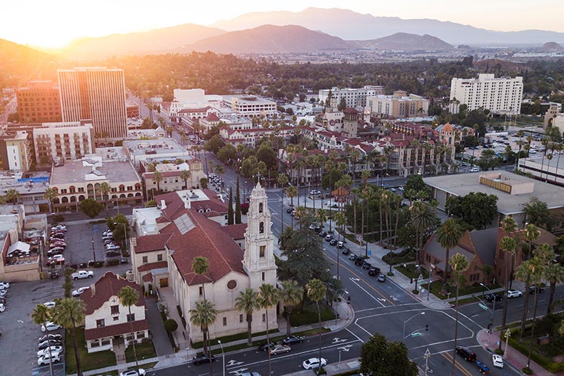 Sunset aerial view of Downtown Riverside in California and Inland Empire homes for sale.