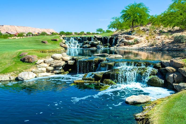 A water feature on the grounds of Sun City Mesquite, a 55+ community near Las Vegas offering a 'stay and play' package.