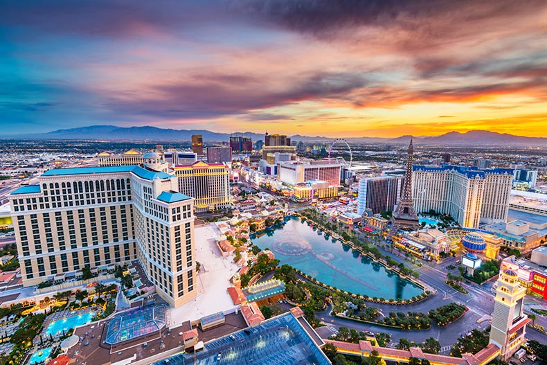 Aerial view of the Las Vegas Strip, providing more shopping and dining options than Palm Springs.