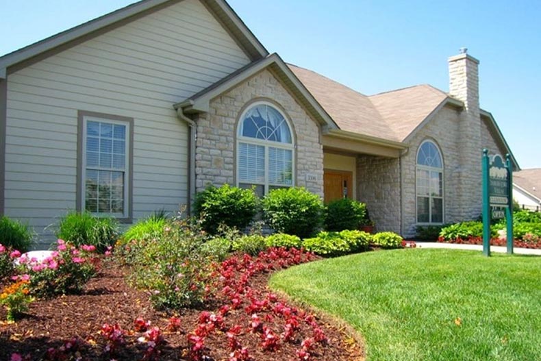 Exterior view of a community building on the grounds of Timbers Edge Villas in Joliet, Illinois.