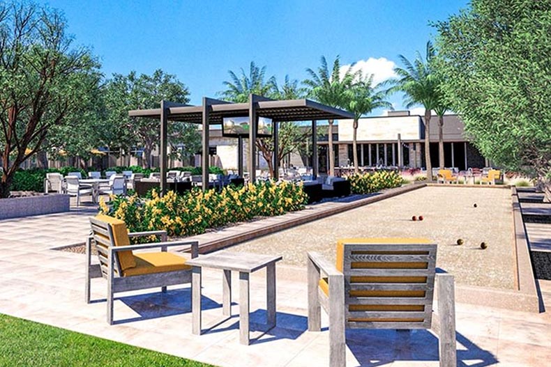 A rendering of bocce ball courts at Trilogy Sunstone, a 55+ community in Las Vegas offering a 'stay and play' package.