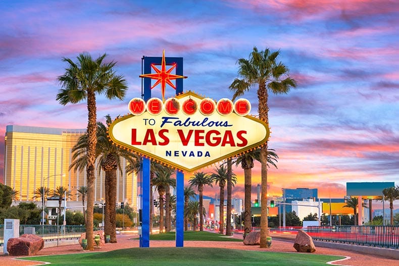 The "Welcome to Las Vegas" sign in Las Vegas, a city providing more entertainment options than Palm Springs.