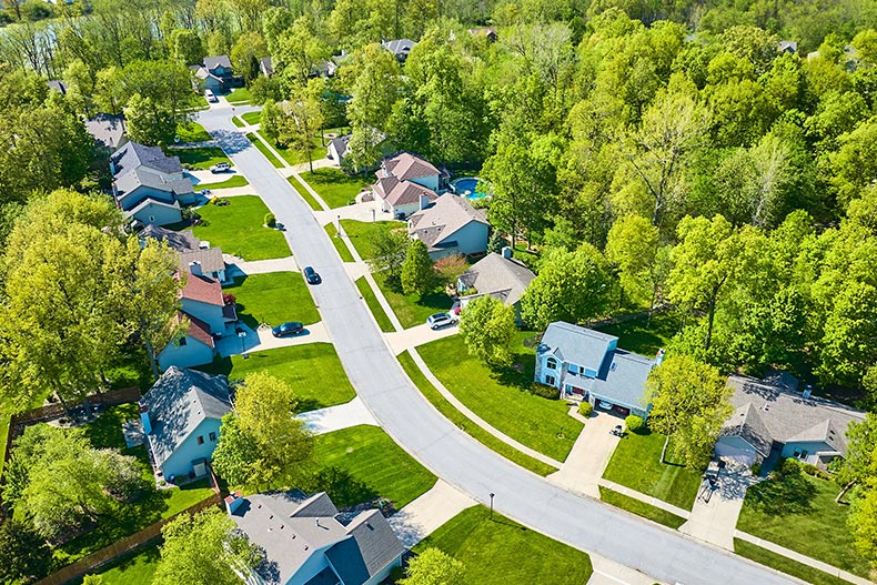 Aerial view of a clean street in a neighborhood surrounded by trees.