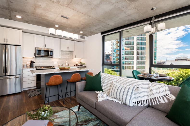 Interior view of a living room in an apartment at Avidor Evanston in Evanston, Illinois.