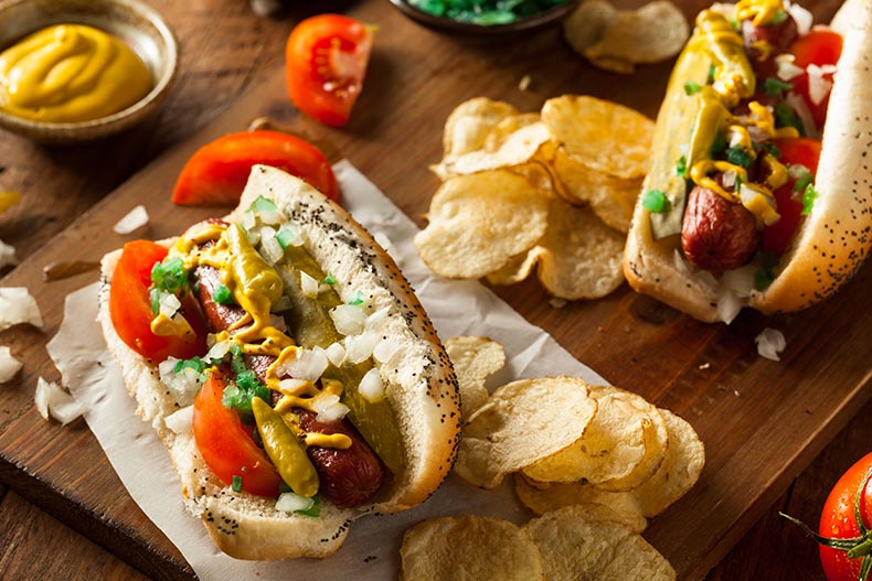 Chicago Style Hot Dogs with Mustard, Relish, Tomato, and Onion