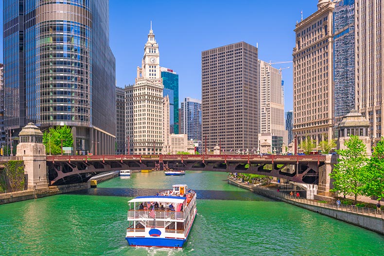 A sightseeing cruise on the river in Chicago, Illinois.