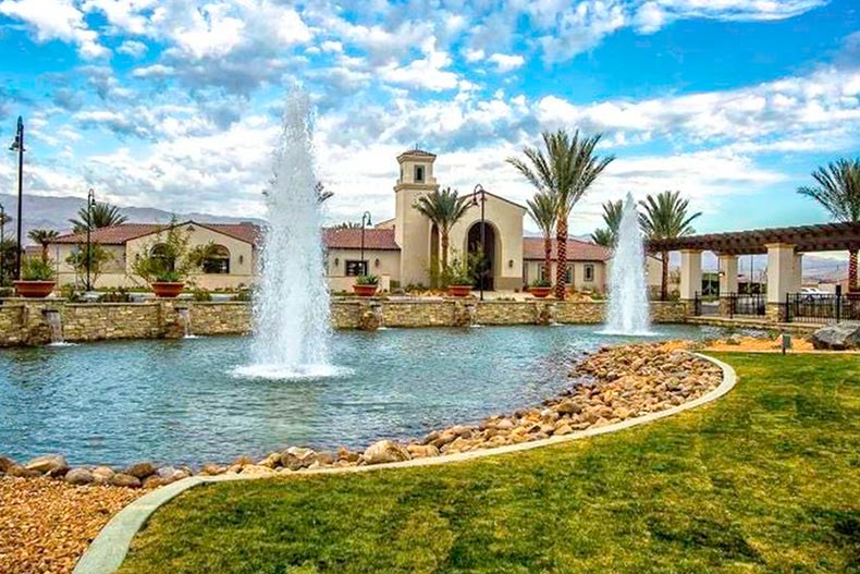 Palm trees and fountains on the grounds of Four Seasons at Terra Lago in Indio, California.