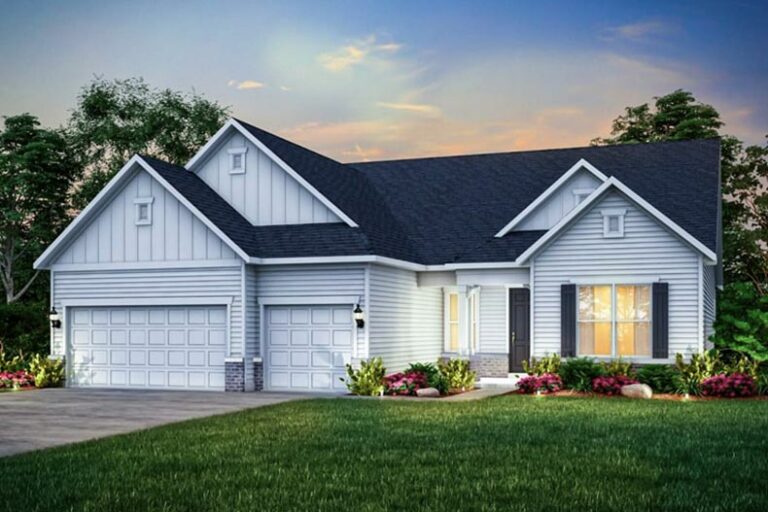 A rendering of an exterior view of a new home at Lincoln Prairie by Del Webb in Aurora, Illinois.