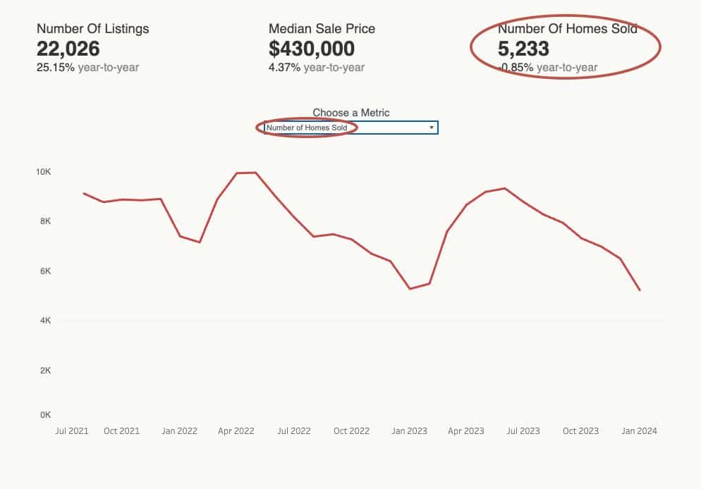 "Number Of Homes Sold" circled on the 55places.com Market Insights tool.