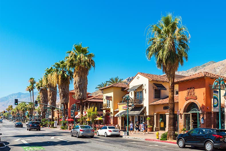 View of the city street in the daytime in Palm Springs, California.