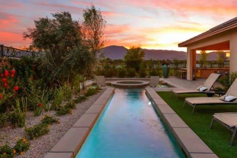 An outdoor lounge space at Trilogy at The Polo Club in Indio, California.