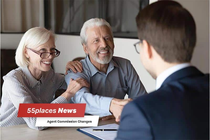 55places News banner over a smiling 55+ couple shaking hands with a real estate agent.