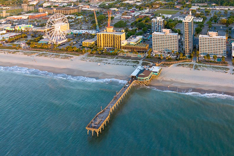 Aerial view of Myrtle Beach, South Carolina at sunrise.