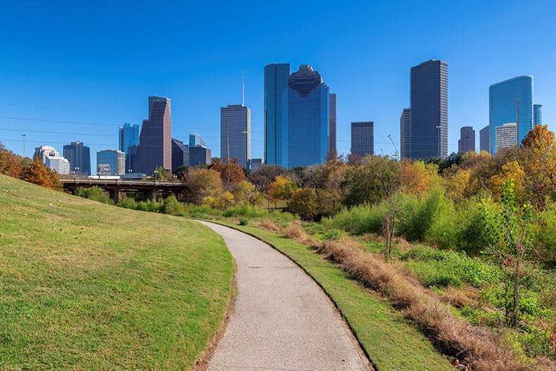 Walking path in Eleanor Tinsley Park in Houston, Texas.