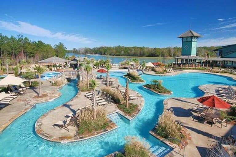 Aerial view of the resort-style pool at Hampton Lake in Bluffton, South Carolina.