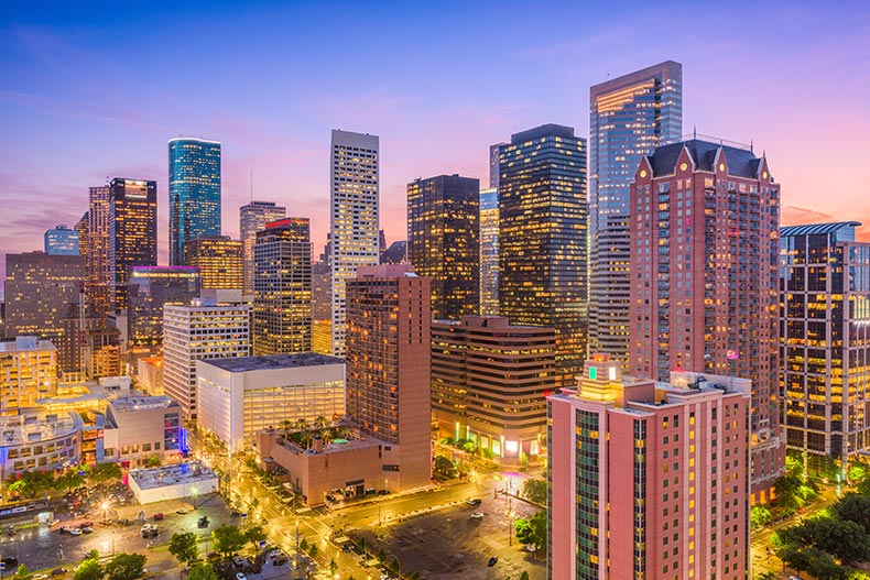 The downtown city skyline in Houston, Texas at night.