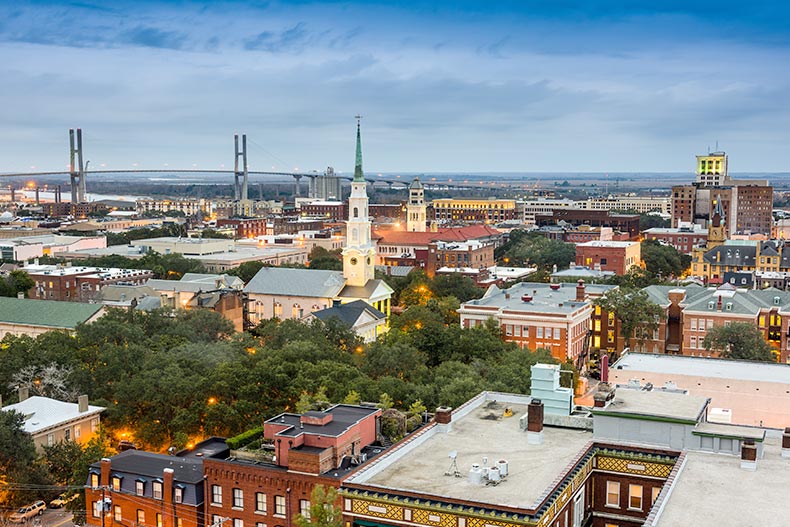 Aerial view of Downtown Savannah, Georgia at dusk.