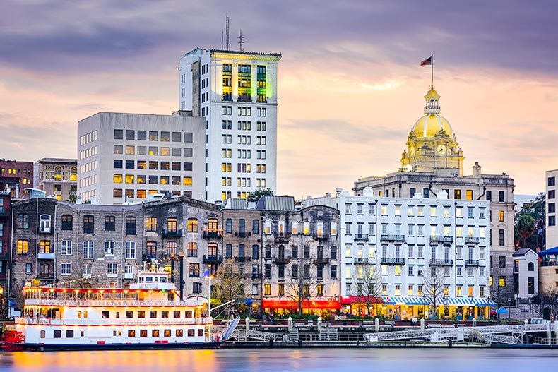 The downtown skyline of Savannah, Georgia.