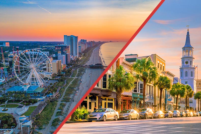 A side-by-side image of Myrtle Beach, SC and Charleston, SC.