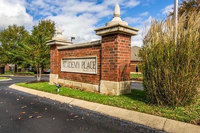 The community sign for Academy Place, a 55+ community near Nashville.